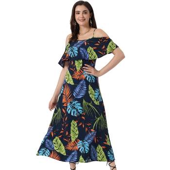 Allegra K Women's Tropical Flare Sleeve Midi Off-Shoulder Dress