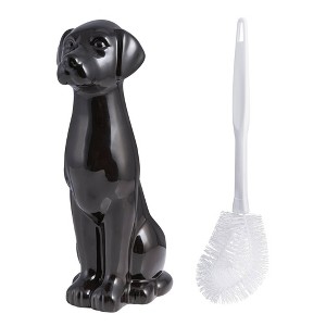 Allure Home Creations 2pc Black Labrador Ceramic Toilet Brush Holder with Plastic Brush Cleaning Accessories Set - 1 of 4