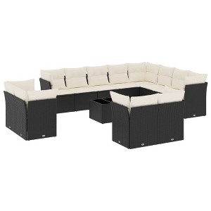 vidaXL 13 Piece Patio Sofa Set with Cushions Black and Cream Poly Rattan - With Table - 1 of 4