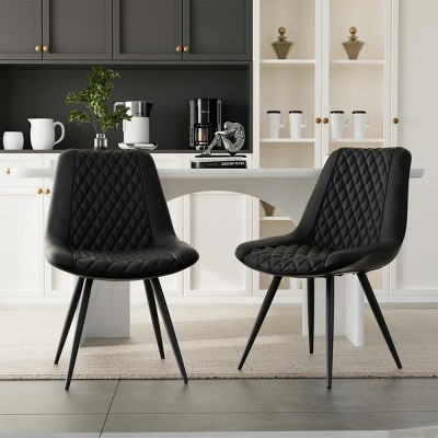 INFURNIC Dining Chairs Set of 2 PU Leather Chairs with Diamond Stitching and Metal Frame for Dining Room, Black, 33.26"*23.1"*19.3"