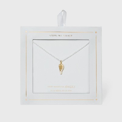 Sterling Silver Gold Plated Angel Wing Pendant Necklace with Cubic Zirconia