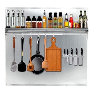 Stainless Steel Range Backsplash with Shelf, Wall Mount Kitchen Back Panel with Knife Rack, Range Hood Wall Shield with Pre-Drilled Holes - 1 of 4