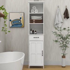 Tall Bathroom Storage Cabinet,Wooden Floor Cabinet with Glass Door, Freestanding StorageOrganizer with 1 Drawer  for Bathroom, Kitchen, Living Room - 1 of 4