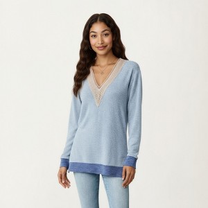 Anna-Kaci Women's Long Sleeve V-Neck Top with Contrast Crochet Trim and Relaxed Hem - 1 of 4
