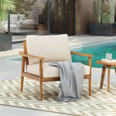 1pc Outdoor Lounge Chair Solid Wood Frame Polyester Cushions Weather Resistant Mid Century Accent Chair for Patio Garden Balcony - Coolbibila