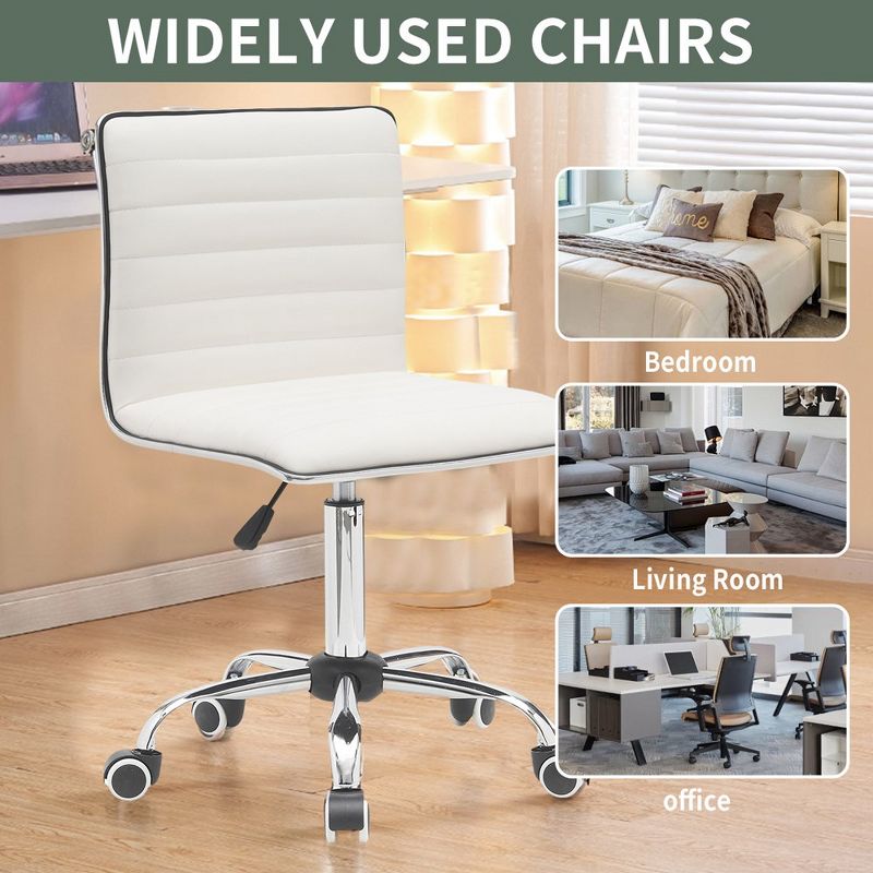 Adjustable Task Chair PU Leather Low Back Ribbed Armless Swivel Desk Chair Office Chair Wheels, 5 of 8