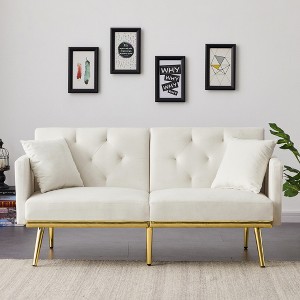 SKRAN 59" Velvet Upholstered Loveseat Sofa with Adjust Tufted Back, 2 Side Pocket and 2 Pillows for Living Room, Bedroom (Modern White) - 1 of 4