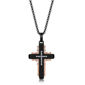 Metallo Mens Stainless Steel Black & Rose Gold CZ Cross Necklace - Black - 24 Inch - 1 of 3