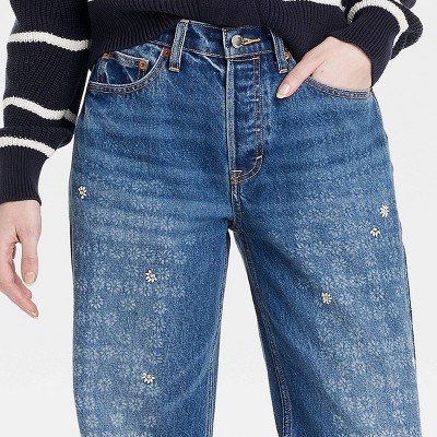 Women's Mid-Rise Embroidered Daisy Baggy Jeans - Universal Thread' Medium Wash - image 3