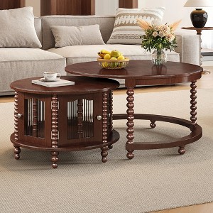 CAVINAS Vintage Round Nesting Coffee Table,31.5" Set of 2 Tea Tables with Bamboo Glass Doors,Beaded Legs,Walnut Finish,Center Table for Living Room - 1 of 4