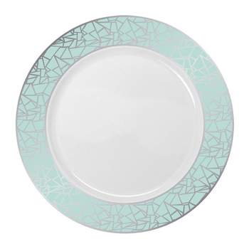 Smarty Had A Party 10.25" White with Turquoise Blue and Silver Mosaic Rim Round Plastic Dinner Plates (120 Plates)