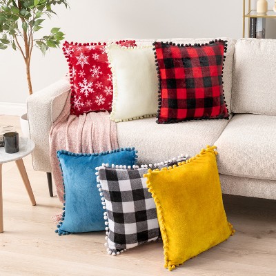 Mustard Yellow Velvet Square Throw Pillow Covers with Pom Pom Fringe, 20'' x 20''
