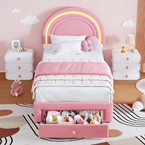 Twin Upholstered LED Bed Frame with Storage Drawer, Rainbow Headboard, Berber Fleece Princess Platform Bed for Kids, White - 1 of 4