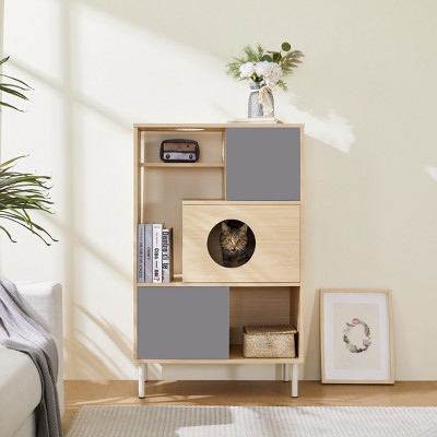 LAOTIES Modern Cat Tree Bookshelf with Storage,Furniture-Style Cat Tower,Hidden Cat Cabinet,Multi-Purpose Organizer for Home