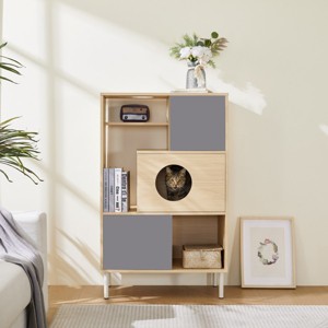 LAOTIES Modern Cat Tree Bookshelf with Storage,Furniture-Style Cat Tower,Hidden Cat Cabinet,Multi-Purpose Organizer for Home - 1 of 4