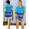 HAPPY BAY Women's Short Sleeve Blouse Shirt Hawaiian M Stripes Blue - 2 of 4