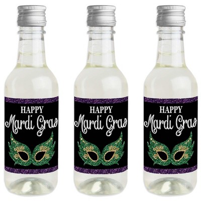 Big Dot of Happiness Mardi Gras - Mini Wine and Champagne Bottle Label Stickers - Masquerade Party Favor Gift for Women and Men - Set of 16
