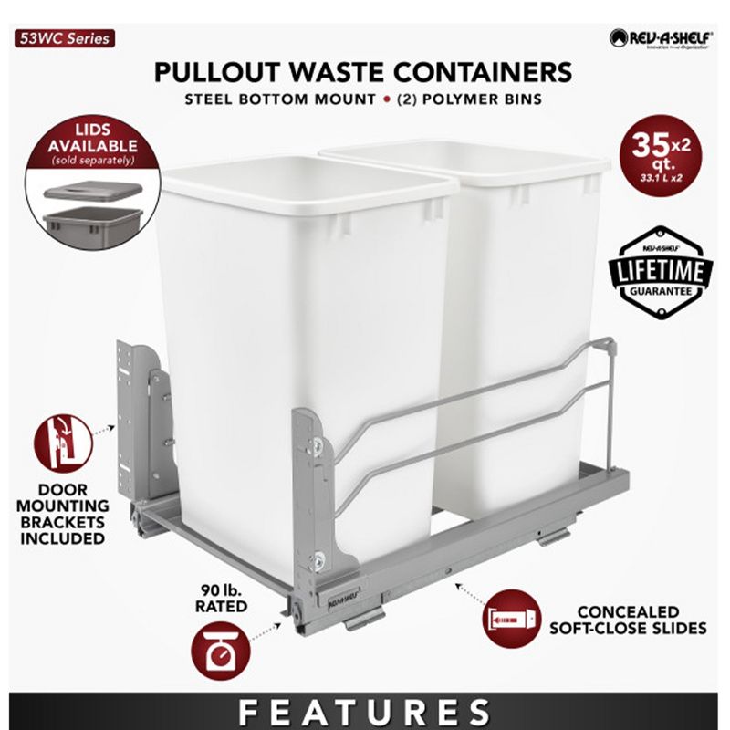 Rev-A-Shelf Double Pull-Out Trash Can for Under Kitchen Cabinets 35 Quart 8.75 Gallon with Soft-Close Slides, 2 of 7