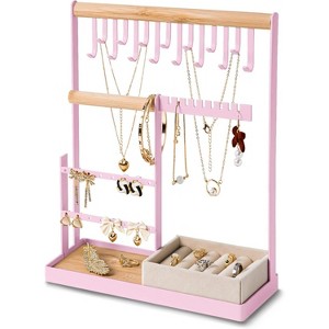 4-Tier Jewelry Organizer Stand with 15 Hooks & 16 Earring Holes, Velvet Ring Holder Display, White - 1 of 4