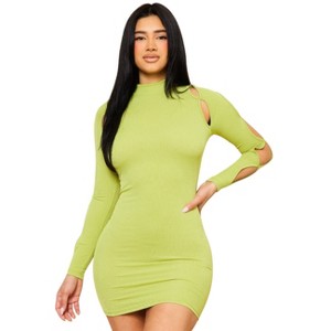 Slickblue Women's Cutout Shoulder Mini Dress, Ribbed Long Sleeve Bodycon Style, Red/Avocado/Aqua Blue, Size S-L - 1 of 4