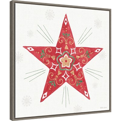 Christmas Charm Red Star Canvas Wall Art with Grey Frame