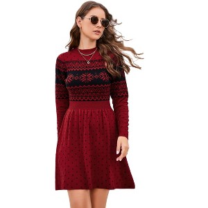 Womens Sweater Dress Long Sleeve Crewneck High Waist A-Line Cute Knitted Mini Sweater Dress - 1 of 4