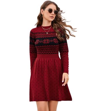 Clearlove Women Christmas Long Sleeve Knitted Crewneck High Waist A-Line  Mini Sweater Dress Burgundy S : Target