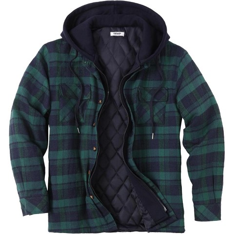 COOFANDY Men's Flannel Shirt Jacket Warm Quilted Lined Hooded Long Sleeve Plaid Shirt Jackets Blue Green Plaid L