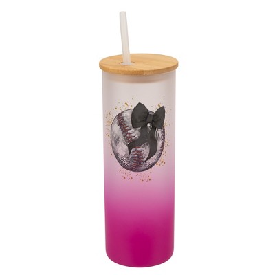 Elanze Designs 25 Ounce Frosted Glass Gradient Travel Tumbler With Straw and Wooden Lid, Baseball With Black Bow Pink