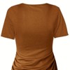 Mocamel Women's Brown Round Neck Short Sleeve Dress Pleated Slim Design Daily Commute Wear - 4 of 4