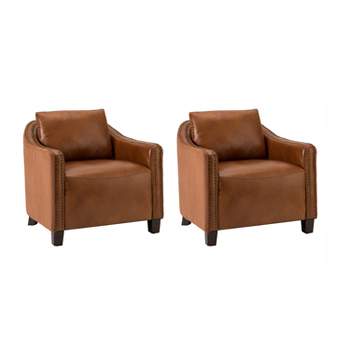 Angeles 29.92" Wide Genuine Leather Barrel Chair for Living Room and Bedroom Set of 2 | ARTFUL LIVING DESIGN