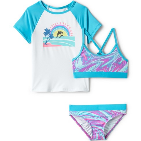 Lands' End Girls Short Sleeve 3 Piece Upf 50 Swimsuit Rash Guard Set ...