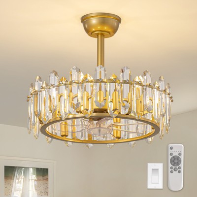 Ludomide 20" Modern Crystal Caged Ceiling Fan,  Gold Luxury Crystal Ceiling Fan, Gold Round Bladeless Chandelier Fan Light With Remote