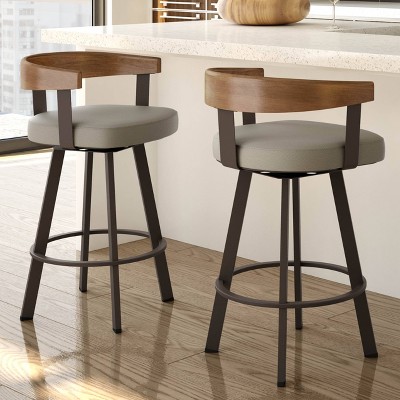 Lars 30" Swivel Bar Stool in Greige Faux Leather with Wood and Metal Frame