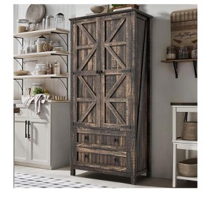 Kitchen Pantry Cabinet, Tall Freestanding Cupboard, 64.5" Tall Storage Cabinet With Adjustable Shelves, With Barn Doors & 2 Drawers - 1 of 4