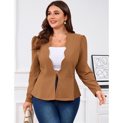 Women's Plus Size Blazer Scallop Neck Puff Sleeve Peplum Waist Long Sleeve Suit Jacket