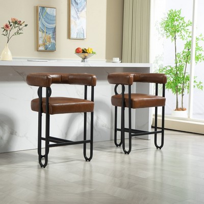 PAGED Premium PU Accent Chair Set with Sturdy Metal Frame & Back Support, 2-Piece Comfortable Stool Set for Living Room, Study, Light Brown