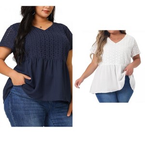 Women's Plus Size 2 Piece Eyelet Contrast Panel Elastic Back Babydoll V Neck Short Sleeve Summer Casual Blouses - Agnes Orinda - 1 of 4
