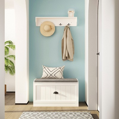 Famapy White Coat Rack Shoe Bench Set Wall Mount Hall Tree