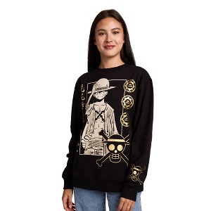 One Piece Luffy Icons Gold Foil Print Women’s Black Crew Neck Long Sleeve Fleece Sweatshirt - 1 of 4