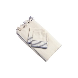 HomeRoots 71" x 95" Cream And Blue Striped Cotton Tablecloth And Napkins Set - 1 of 4