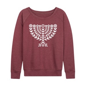 Women's - Instant Message - Floral Menorah Lightweight French Terry Wide Neck Long Sleeve Graphic Shirt - 1 of 4