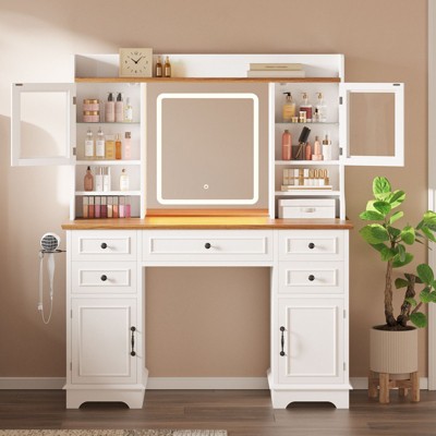 Makeup Vanity Desk with Mirror, 47"W Large Dressing Table with 5 Drawers & Open Storage Shelves, Modern Makeup Vanity Table for Bedroom Dressing Room