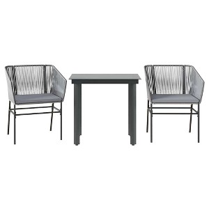 vidaXL 3-Piece Patio Dining Set - Gray Poly Rattan, Tempered Glass, Garden/Backyard/Patio Furniture with Cushions - 1 of 4
