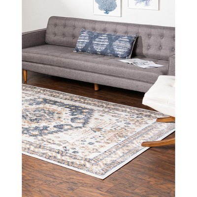 Cream and Navy Blue Floral Rectangular Synthetic Area Rug