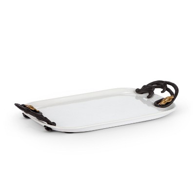 GG Collection White Stoneware Tray with Metal Gold Leaf Handles.