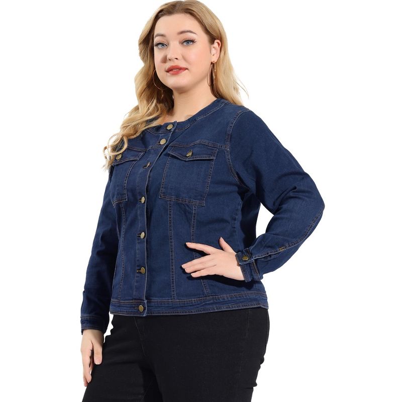 Agnes Orinda Women's Plus Size Long Sleeves Collarless Denim Jacket, 5 of 8