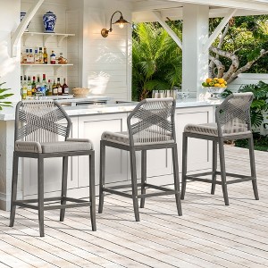 Arceso Outdoor Bar Stools, Rattan Outdoor Counter Height Bar Stools Set of 3, 26.5" H Woven Rope Patio Bar Chairs with Aluminum Legs for Kitchen - 1 of 4