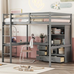 Full Size Loft Bed with Desk, Storage Shelves, Drawers, Guardrail and Built-in Ladder - 1 of 4