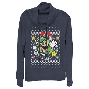 Juniors Womens Nintendo Ugly Christmas Luigi Wreath Cowl Neck Sweatshirt - 1 of 3